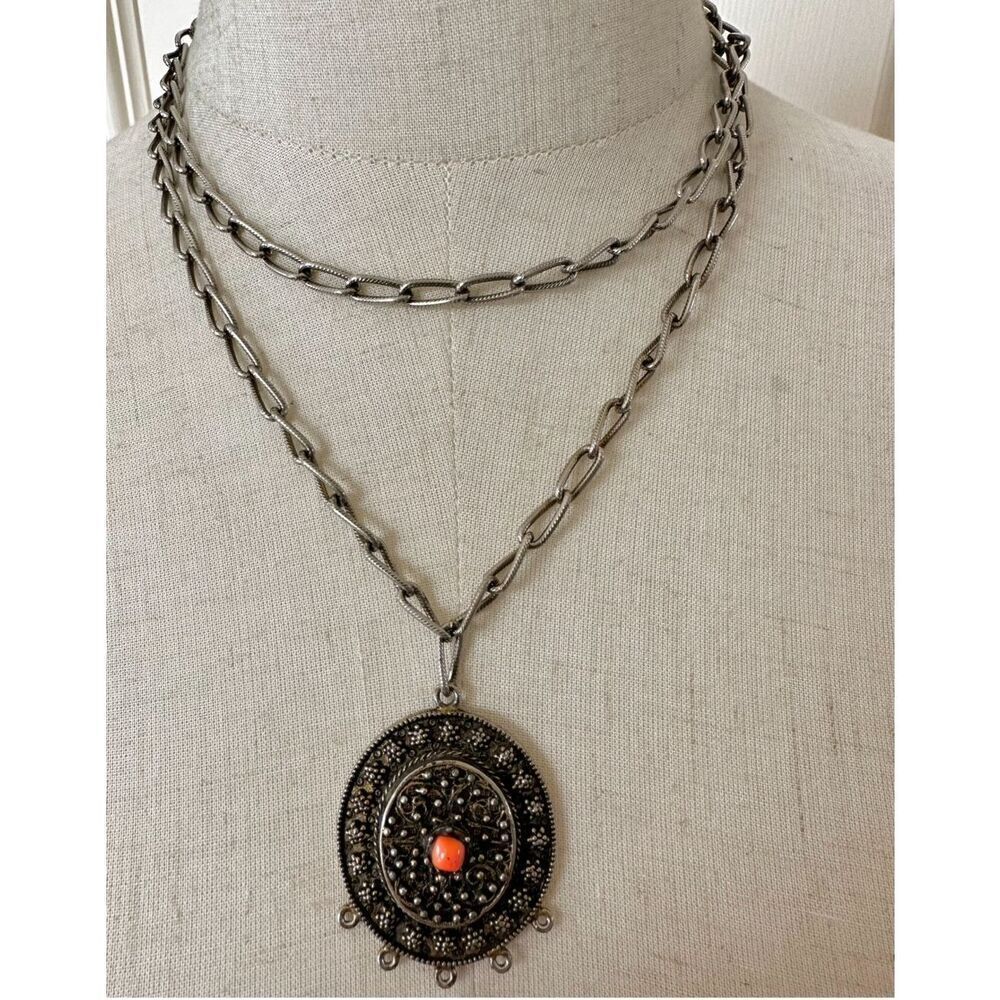 Hollycraft copper tone and orange vintage pendant necklace